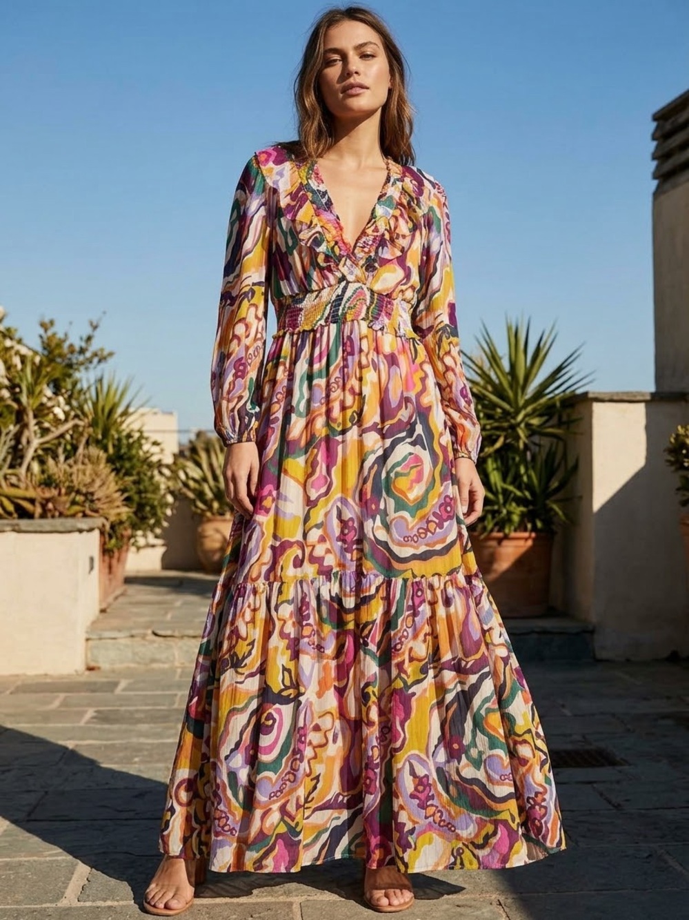 Anthropologie Multicolor Swirl-Print V-Neck Tiered Maxi Dress